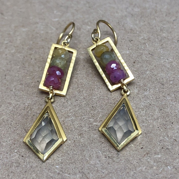 SATYA Sterling Silver Vermeil Gold Tone Agate Dangle Drop Hook Pierced Earrings - Picture 10 of 11